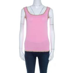 Escada Baby Pink Stretch Knit Sequined Lace Trim Sleeveless Top M