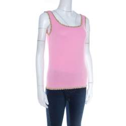 Pre Owned Escada Baby Pink Stretch Knit Sequined Lace Trim Sleeveless Top M
