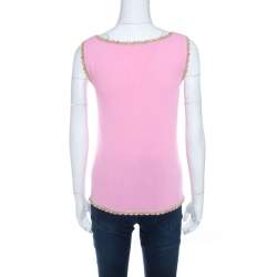 Pre Owned Escada Baby Pink Stretch Knit Sequined Lace Trim Sleeveless Top M
