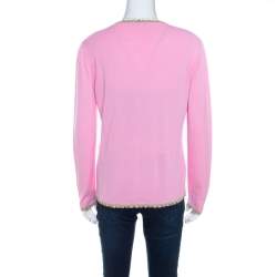 Escada Pink Knit Sequined Lace Trim Button Front Cardigan M  