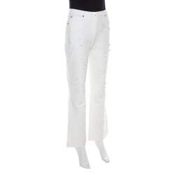 Pre Owned Escada White Cotton Denim Sequined Rosette Applique Flared Jeans M