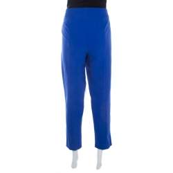 Escada Cobalt Blue Stretch Crepe Waist Buckle Detail Tapered Pants XL 