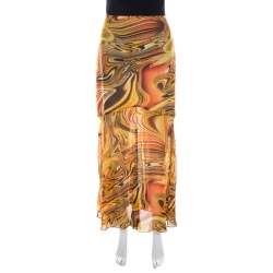 Escada Silk Chiffon Yellow Abstract Print Sheer Hem Skirt M 