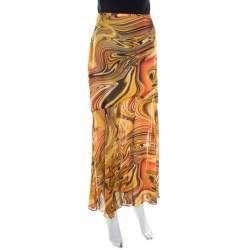 Escada Silk Chiffon Yellow Abstract Print Sheer Hem Skirt M 