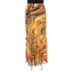 Escada Silk Chiffon Yellow Abstract Print Sheer Hem Skirt M 