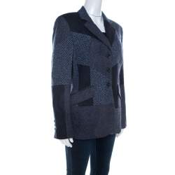 Escada Navy Blue Wool Blend Patchwork Blazer XL 