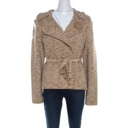 Escada Beige Wool Tweed Double Breasted Belted Jacket L