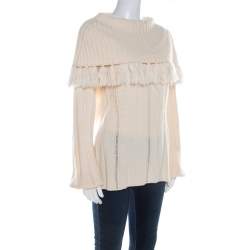 Pre Owned Escada Ivory Chunky Knit Wool and Silk Fringed Roll Neck Swanhilde Sweater L