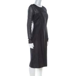 Escada Metallic Grey Wool Blend Sheer Yoke Dariello Pencil Dress M