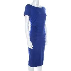 Escada Ink Blue Stretch Knit Pleated Dynamia Bodycon Dress M