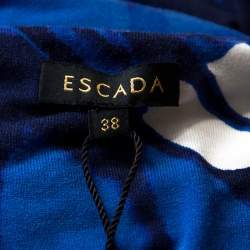 Pre Owned Escada Azure Blue Print Jersey Asymmetric Neck Elfryda Ruched Dress M