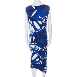Pre Owned Escada Azure Blue Print Jersey Asymmetric Neck Elfryda Ruched Dress M