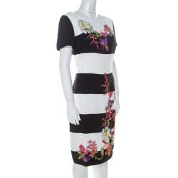 Escada Monochrome Floral Print Wide Striped Crepe Dkantus Shift Dress M