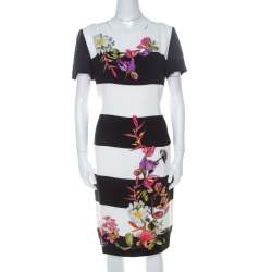 Escada Monochrome Floral Print Wide Striped Crepe Dkantus Shift Dress M