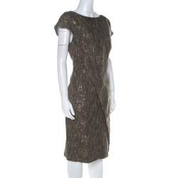 Pre Owned Escada Olive Green Sequinned Tweed Darouny Sheath Dress L