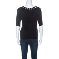 Pre Owned Escada Navy Blue Rib Knit Gold Embellished Neckline Three Quarter Sleeve Top M 
