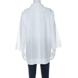 Pre Owned Escada White Cotton Drop Shoulder Three Quarter Sleeve Collared Top L