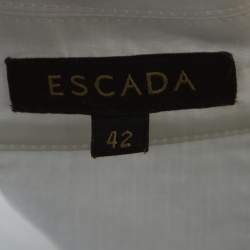 Pre Owned Escada White Cotton Drop Shoulder Three Quarter Sleeve Collared Top L