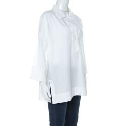 Pre Owned Escada White Cotton Drop Shoulder Three Quarter Sleeve Collared Top L