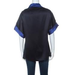 Escada Black and Indigo Silk Turtleneck Short Sleeve Top M 