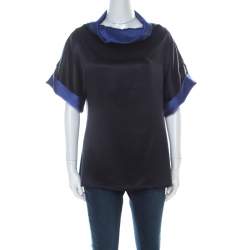 Escada Black and Indigo Silk Turtleneck Short Sleeve Top M 