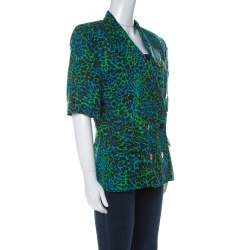 Escada Bicolor Leopard Print Cotton Short Sleeve Double Breasted Blazer L