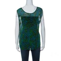 Escada Bicolor Leopard Print Georgette Sleeveless Sheer Top L