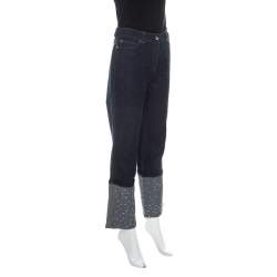 Pre Owned Escada Blue Dark Wash Denim Turn Up Embellished Hem Jeans M