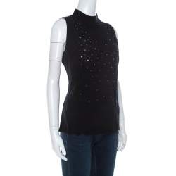 Escada Black Stretch Wool Embellished Sleeveless Lace Top XL