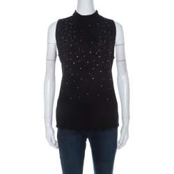 Escada Black Stretch Wool Embellished Sleeveless Lace Top XL