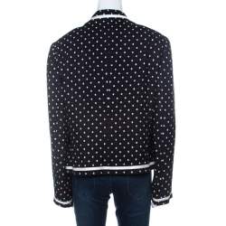 Escada Navy Blue Knit Polka Square Pattern Contrast Trim Jacket XL 