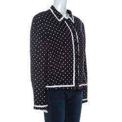 Escada Navy Blue Knit Polka Square Pattern Contrast Trim Jacket XL 