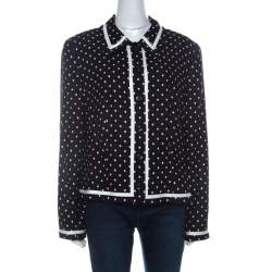 Escada Navy Blue Knit Polka Square Pattern Contrast Trim Jacket XL 