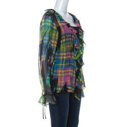Escada Multicolor Plaid Print Silk Ruffle Detail Button Front Shirt XL