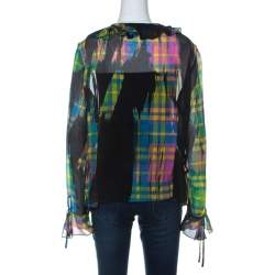 Escada Multicolor Plaid Print Silk Ruffle Detail Button Front Shirt XL