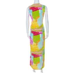 Escada Multicolor Printed Silk Side Slit Detail Maxi Dress XL 