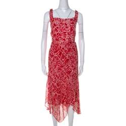 Escada Red and White Printed Silk and Boucle Three Piece Skirt Suit XL