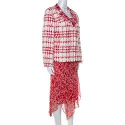 Escada Red and White Printed Silk and Boucle Three Piece Skirt Suit XL