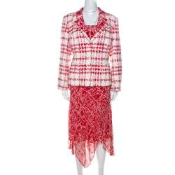 Escada Red and White Printed Silk and Boucle Three Piece Skirt Suit XL