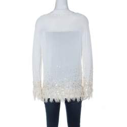 Pre Owned Escada Off White Knit Embellished Hemline Detail Cardigan XL