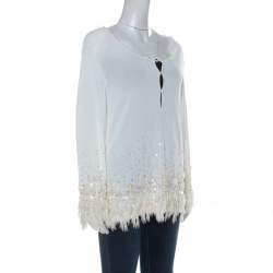 Pre Owned Escada Off White Knit Embellished Hemline Detail Cardigan XL