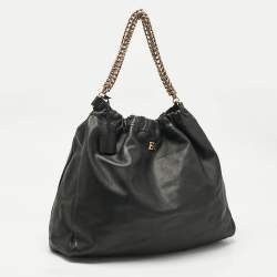 Pre Owned Escada Black Leather Chain Logo Hobo