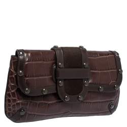 Pre Owned Escada Brown Croc Embossed Leather and Calfhair Clutch