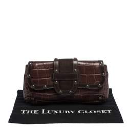 Pre Owned Escada Brown Croc Embossed Leather and Calfhair Clutch