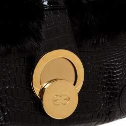 Pre Owned Escada Black Croc Embossed Leather and Mink Fur Ring Flap Shoulder Bag