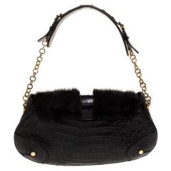 Pre Owned Escada Black Croc Embossed Leather and Mink Fur Ring Flap Shoulder Bag