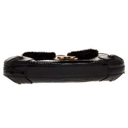 Pre Owned Escada Black Croc Embossed Leather and Mink Fur Ring Flap Shoulder Bag