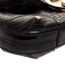 Pre Owned Escada Black Croc Embossed Leather and Mink Fur Ring Flap Shoulder Bag