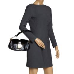 Pre Owned Escada Black Croc Embossed Leather and Mink Fur Ring Flap Shoulder Bag
