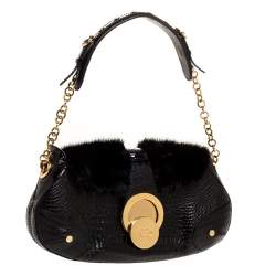 Pre Owned Escada Black Croc Embossed Leather and Mink Fur Ring Flap Shoulder Bag